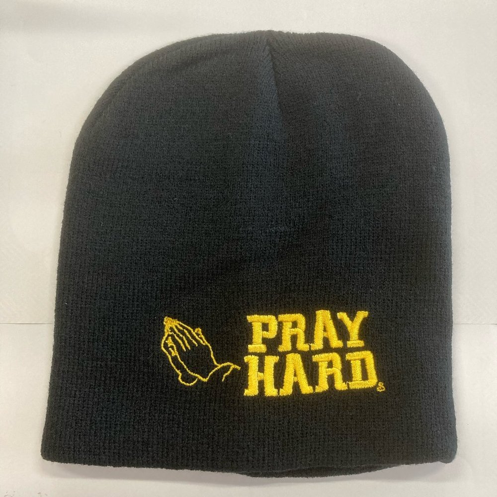 New Pray Hard Black Beanie Hat Toboggan Yellow Gold Stitched Graphic